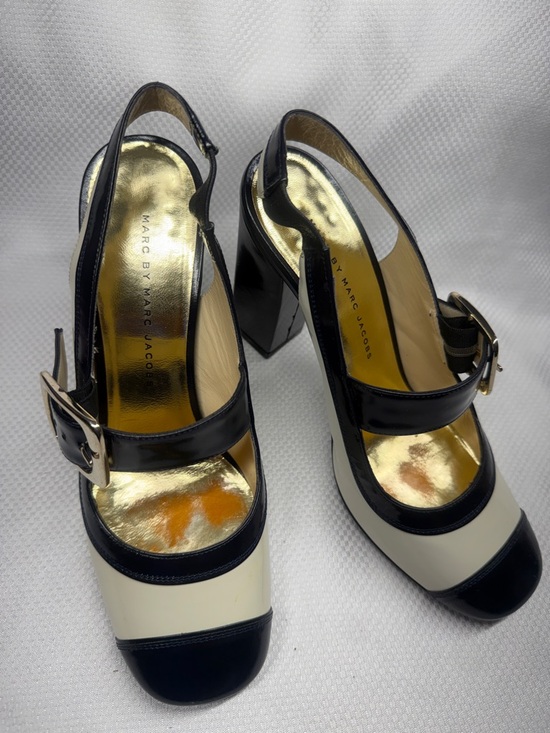 Marc By Marc Jacobs Shoes - Marc by Marc Jacobs Black and Cream Two-Tone Slingback Block Heels - Size (37) 7